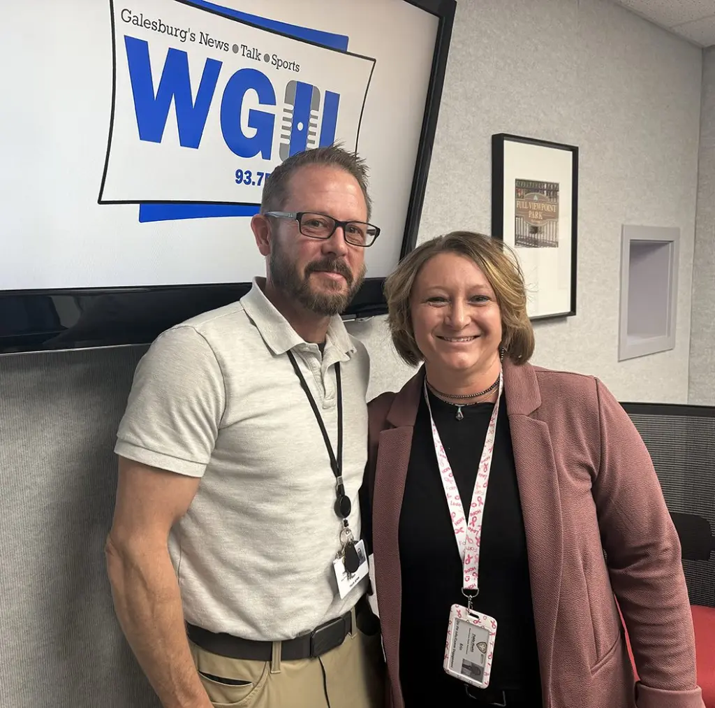 Ben Clark and Erin Olson of Knox Community Health Center in the WGIL studios in Galesburg, Illinois