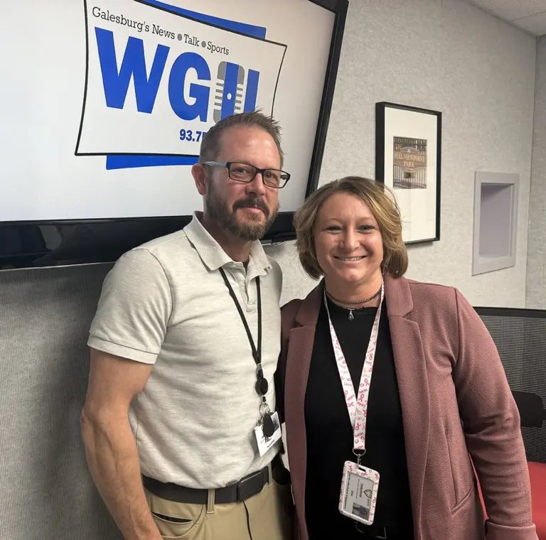 Ben Clark and Erin Olson of Knox Community Health Center in the WGIL studios in Galesburg, Illinois