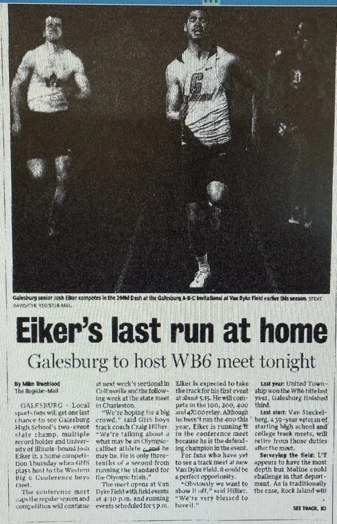 Galesburg High School senior Josh Eiker competing in the 200-meter dash at Van Dyke Field in 2016
