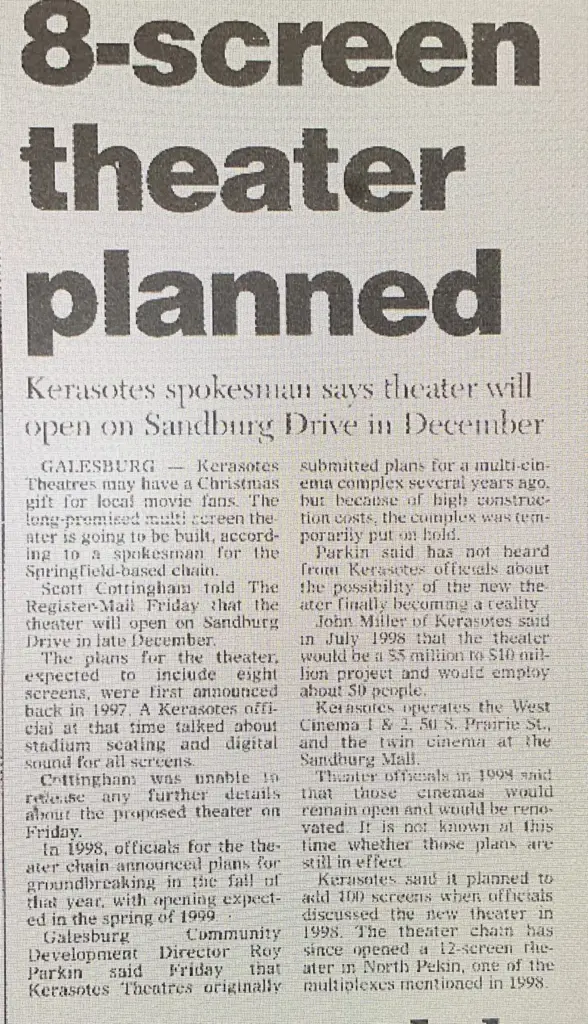 Newspaper clipping about Kerasotes Theatres opening on Sandburg Drive in Galesburg in 2001