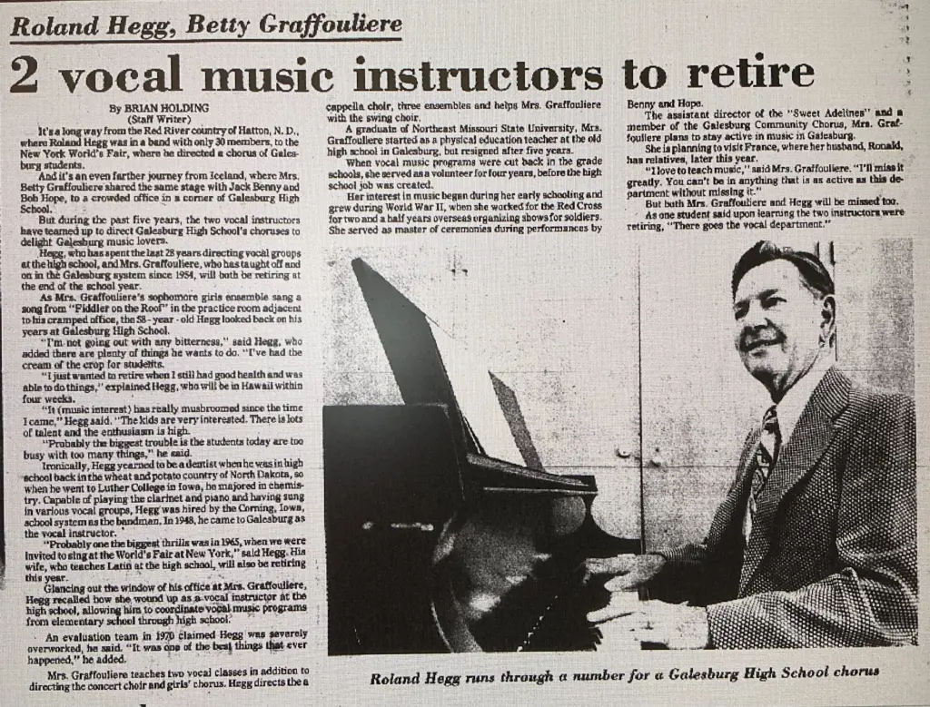 Roland Hegg at the piano at Galesburg High School, 1976