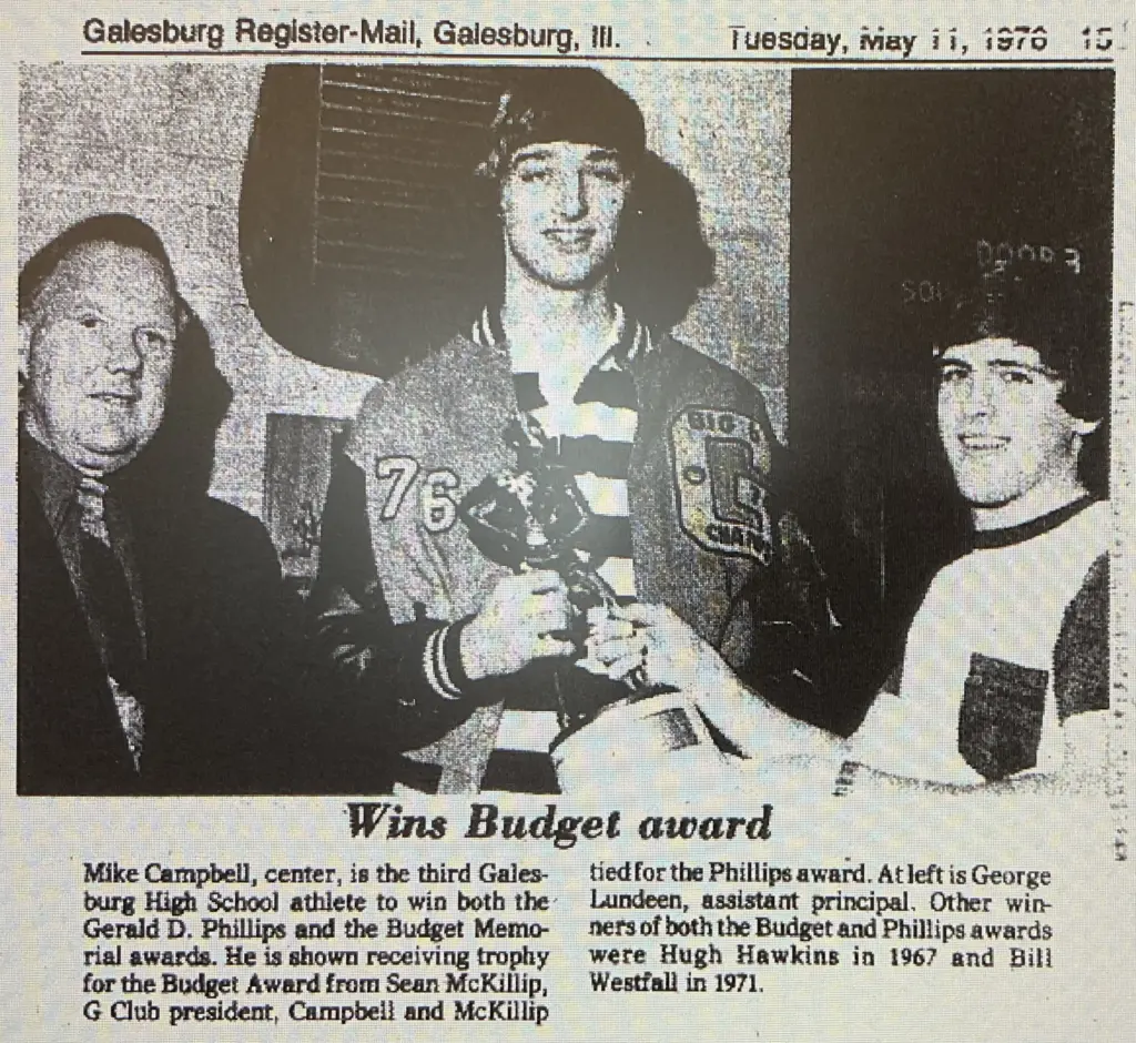 Mike Campbell receiving the Budget Memorial Award at Galesburg High School in 1976