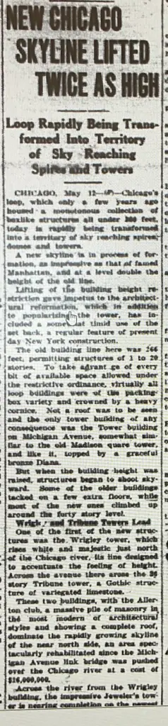 1926 newspaper clipping about Chicago changing building codes to allow skyscrapers over 20 stories