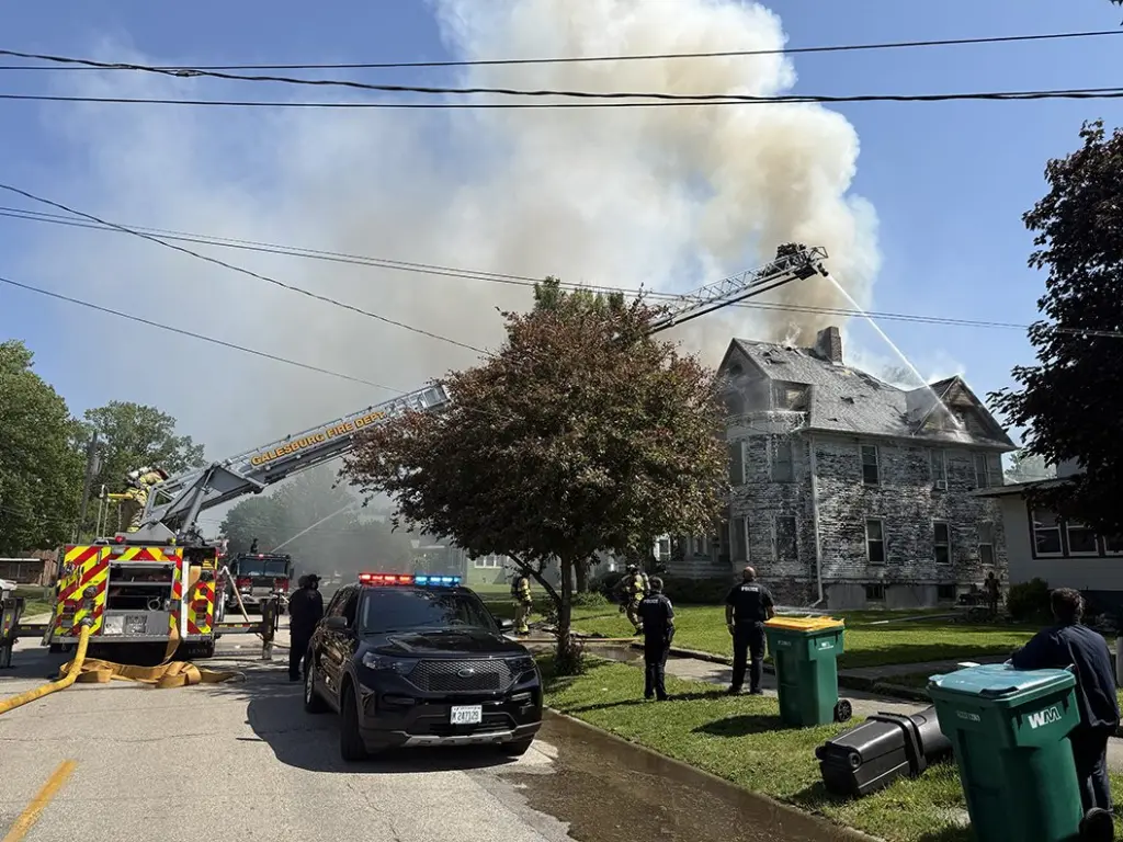 Galesburg Fire Department crews battling structure fire at 441 N. Broad Street on May 15, 2026