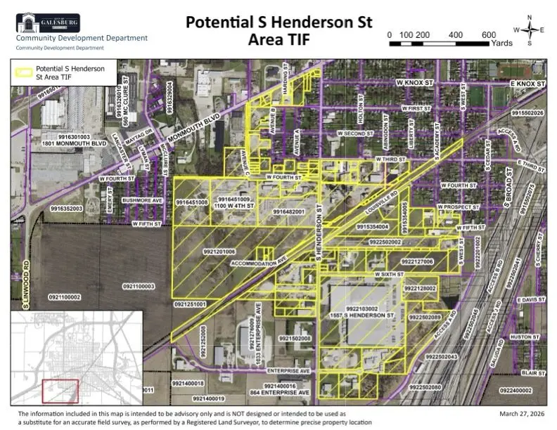 Map of the proposed South Henderson Street Area TIF district boundary in Galesburg, Illinois, March 2026