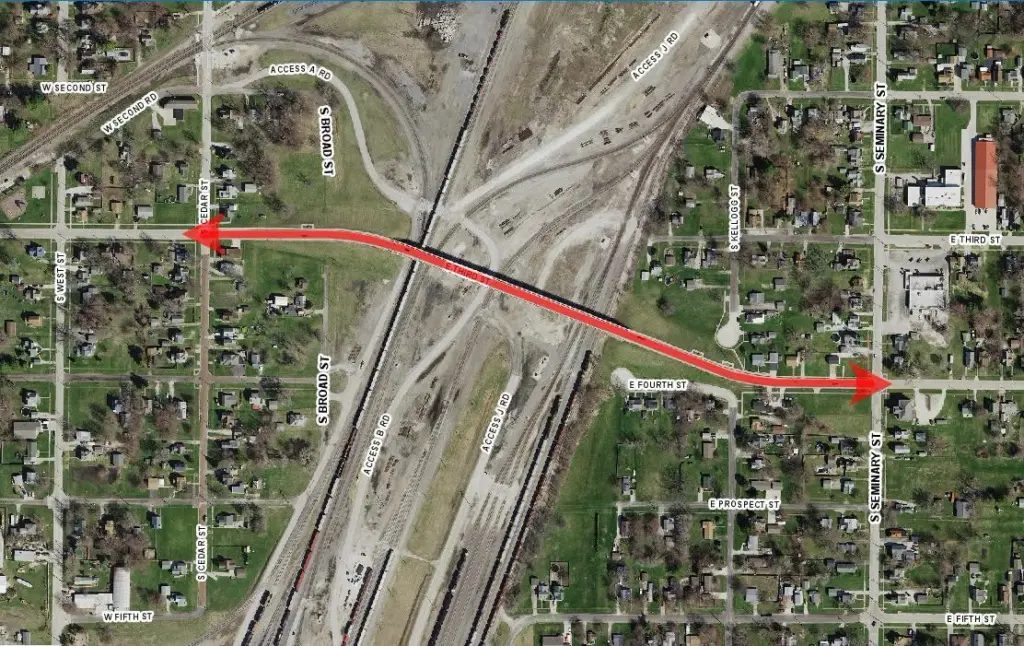 Detour map showing alternate route during the Fourth Street bridge closure in Galesburg, Illinois, on May 29, 2026