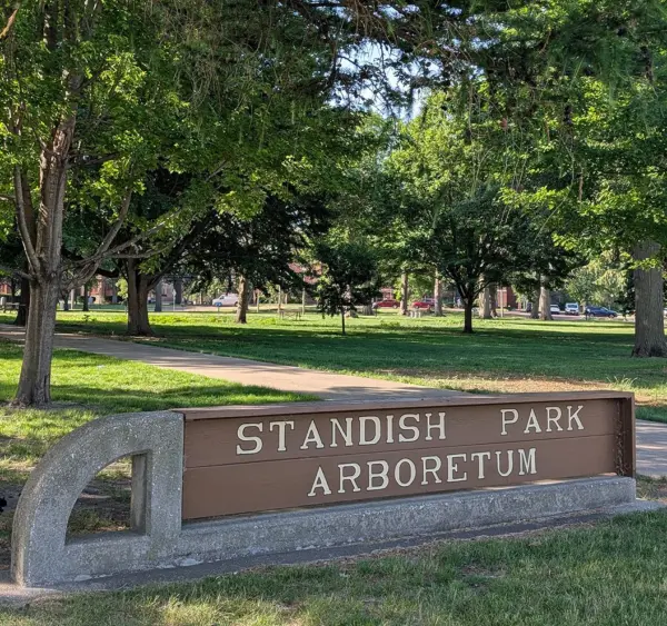 Standish Park Arboretum sign in downtown Galesburg, Illinois, June 2026