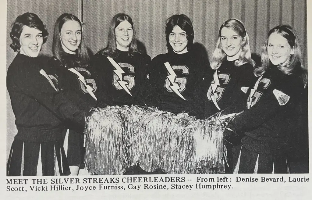 Galesburg High School Silver Streaks cheerleaders at the 1976 IHSA state basketball tournament — Denise Bevard, Laurie Scott, Vicki Hillier, Joyce Furniss, Gay Rosine, Stacey Humphrey
