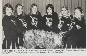 Galesburg High School Silver Streaks cheerleaders at the 1976 IHSA state basketball tournament — Denise Bevard, Laurie Scott, Vicki Hillier, Joyce Furniss, Gay Rosine, Stacey Humphrey