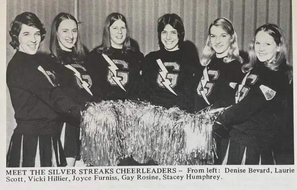 Galesburg High School Silver Streaks cheerleaders at the 1976 IHSA state basketball tournament — Denise Bevard, Laurie Scott, Vicki Hillier, Joyce Furniss, Gay Rosine, Stacey Humphrey