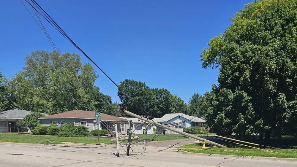 Downed Ameren Illinois utility pole at East Fremont Street and Moshier Avenue in Galesburg, June 12, 2026