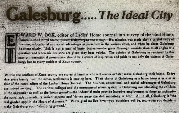 Alt text: Galesburg Illinois ideal city Ladies Home Journal 1926 newspaper