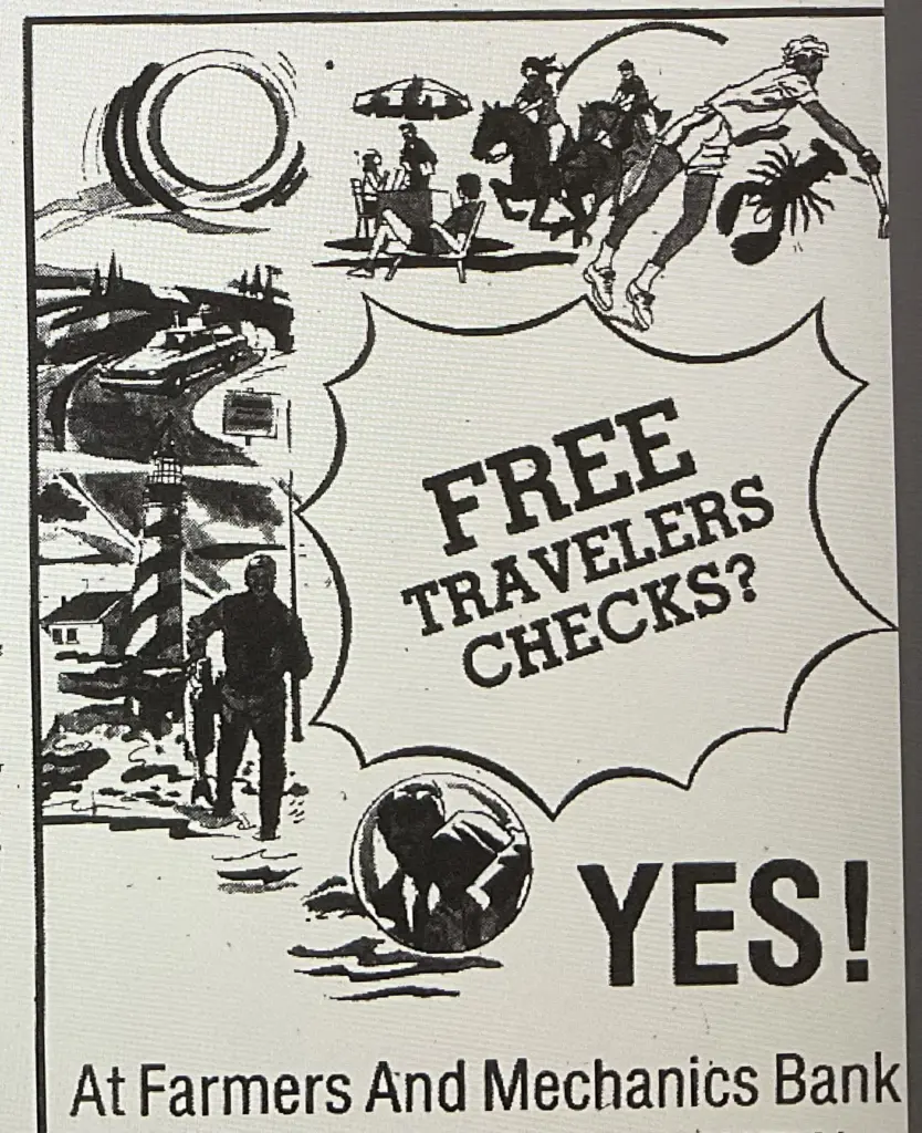 Farmers and Mechanics Bank free travelers checks advertisement 1976 Galesburg