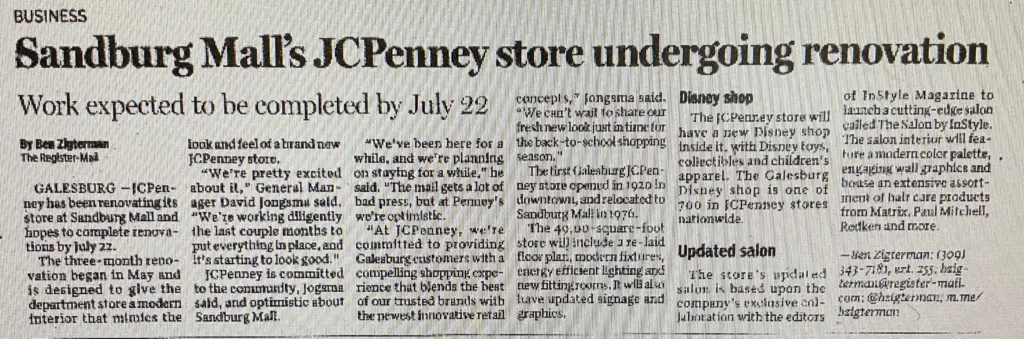 Galesburg Register-Mail article JCPenney Sandburg Mall renovation 2016