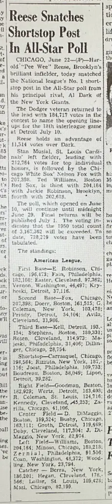 1951 MLB All-Star poll Stan Musial Nellie Fox Jackie Robinson newspaper clipping
