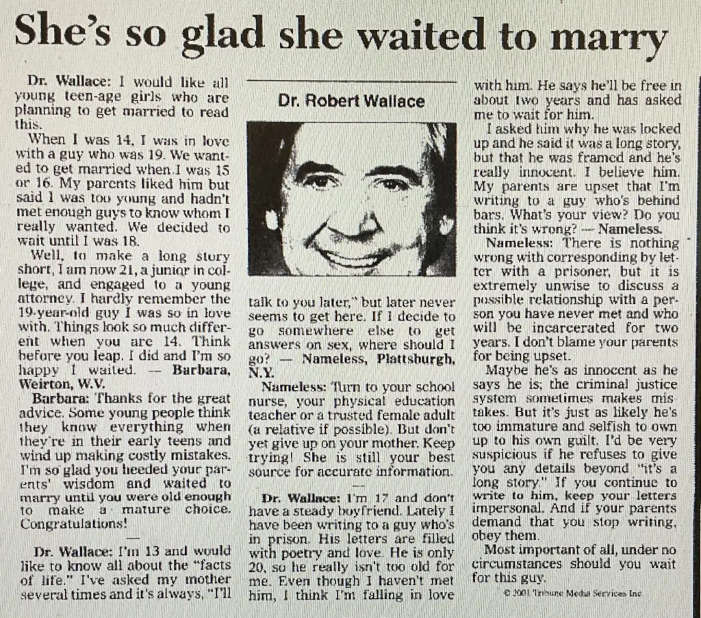 2001 newspaper advice column by Knox College graduate Dr. Robert Wallace