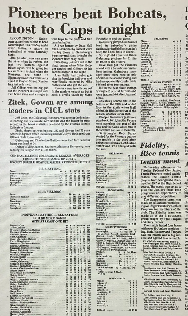 1976 newspaper article on the Galesburg Pioneers baseball team's win over the Bloomington Bobcats