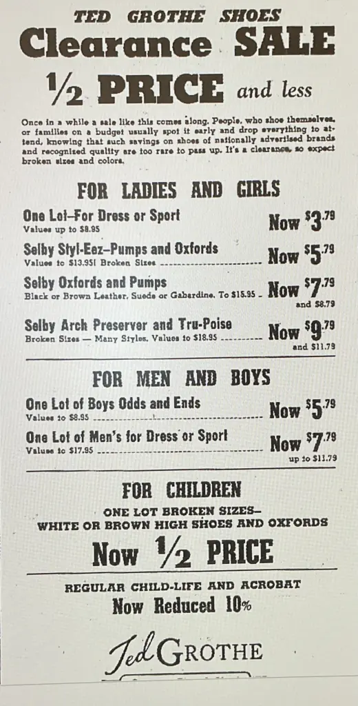 1951 newspaper ad for a shoe clearance sale at Ted Grothe Shoes in Galesburg