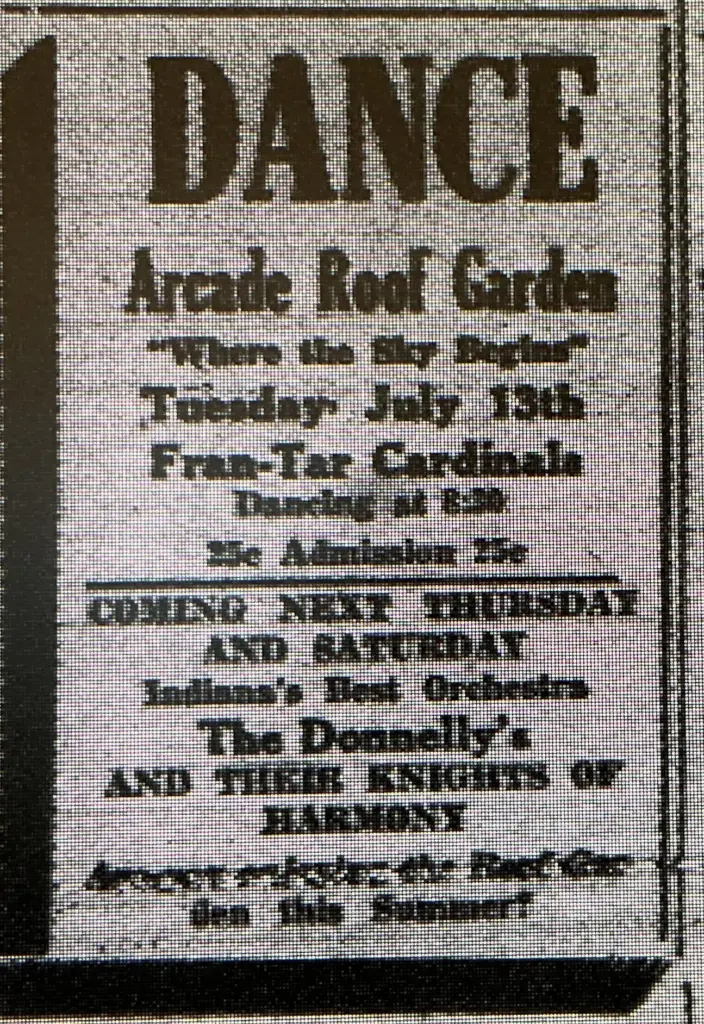 1926 newspaper ad for a dance at the Arcade Roof Garden in Galesburg