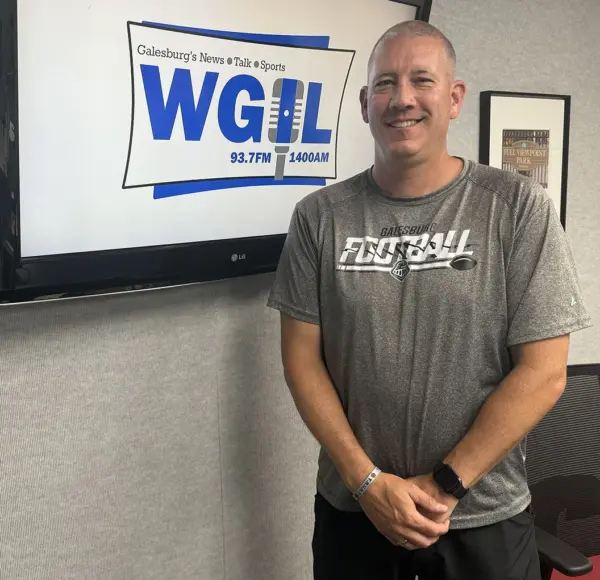 ALT TEXT: Galesburg football coach Shawn Hickey in the WGIL studio