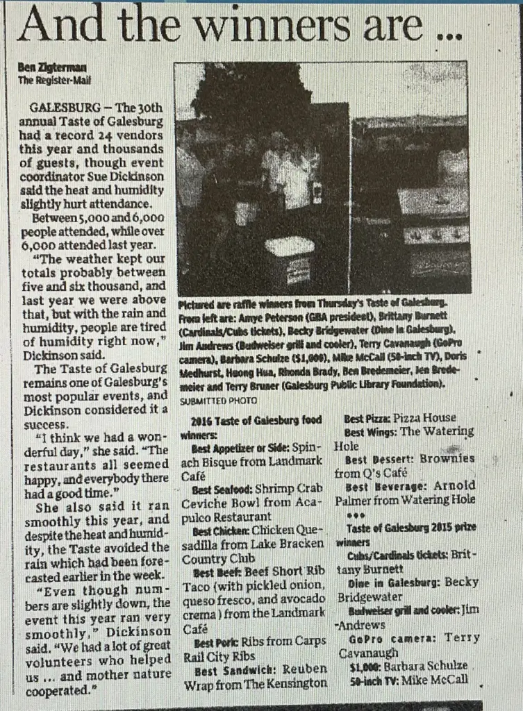 Archival newspaper clipping showing raffle winners from the 2016 Taste of Galesburg.