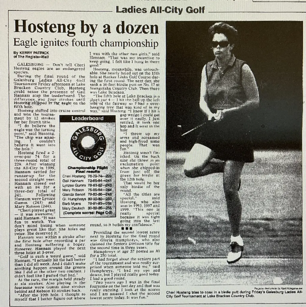 Archival newspaper photo of golfer Cheri Hosteng lining up a putt during the 2001 Galesburg Ladies All-City Golf Tournament.