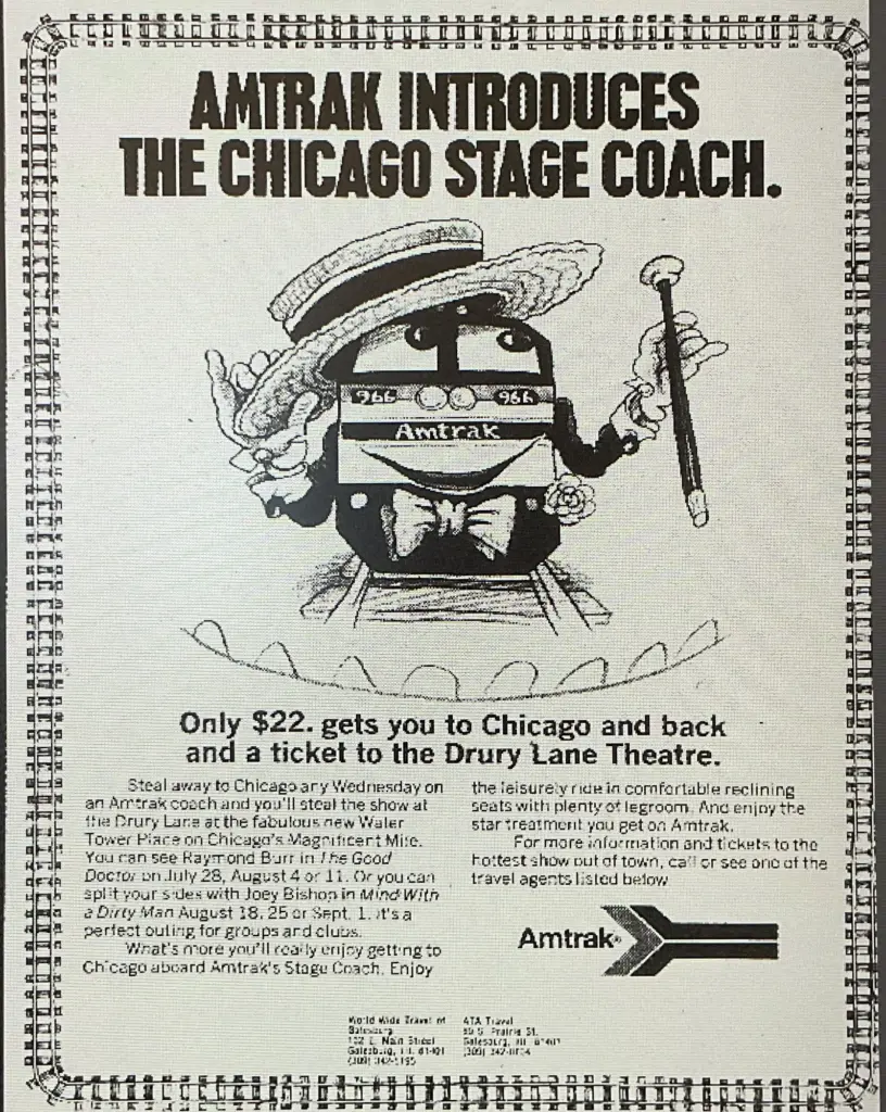 Vintage 1976 Amtrak advertisement for a $22 round-trip Chicago Stage Coach package to the Drury Lane Theatre.
