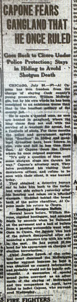 Archival newspaper clipping headlined "Capone fears gangland that he once ruled," from 1926.