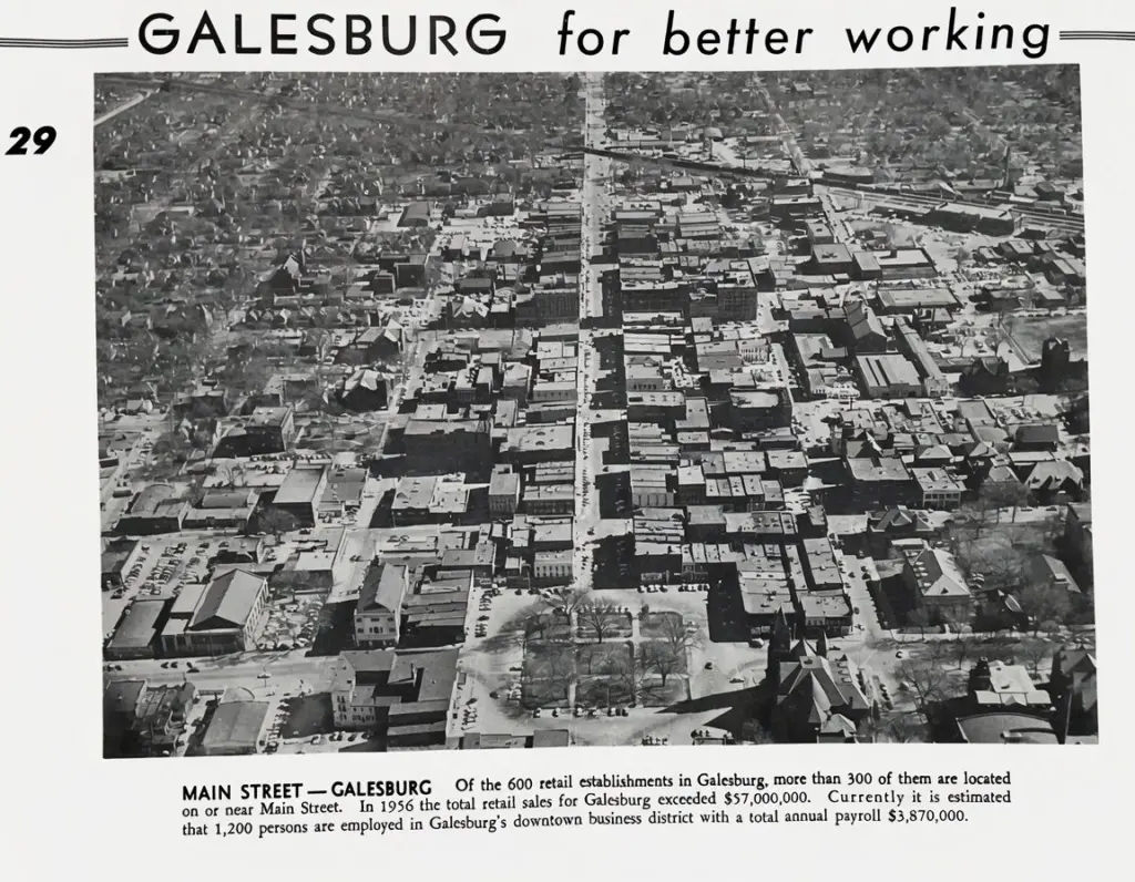 1956 aerial photo looking east down Main Street in downtown Galesburg.
