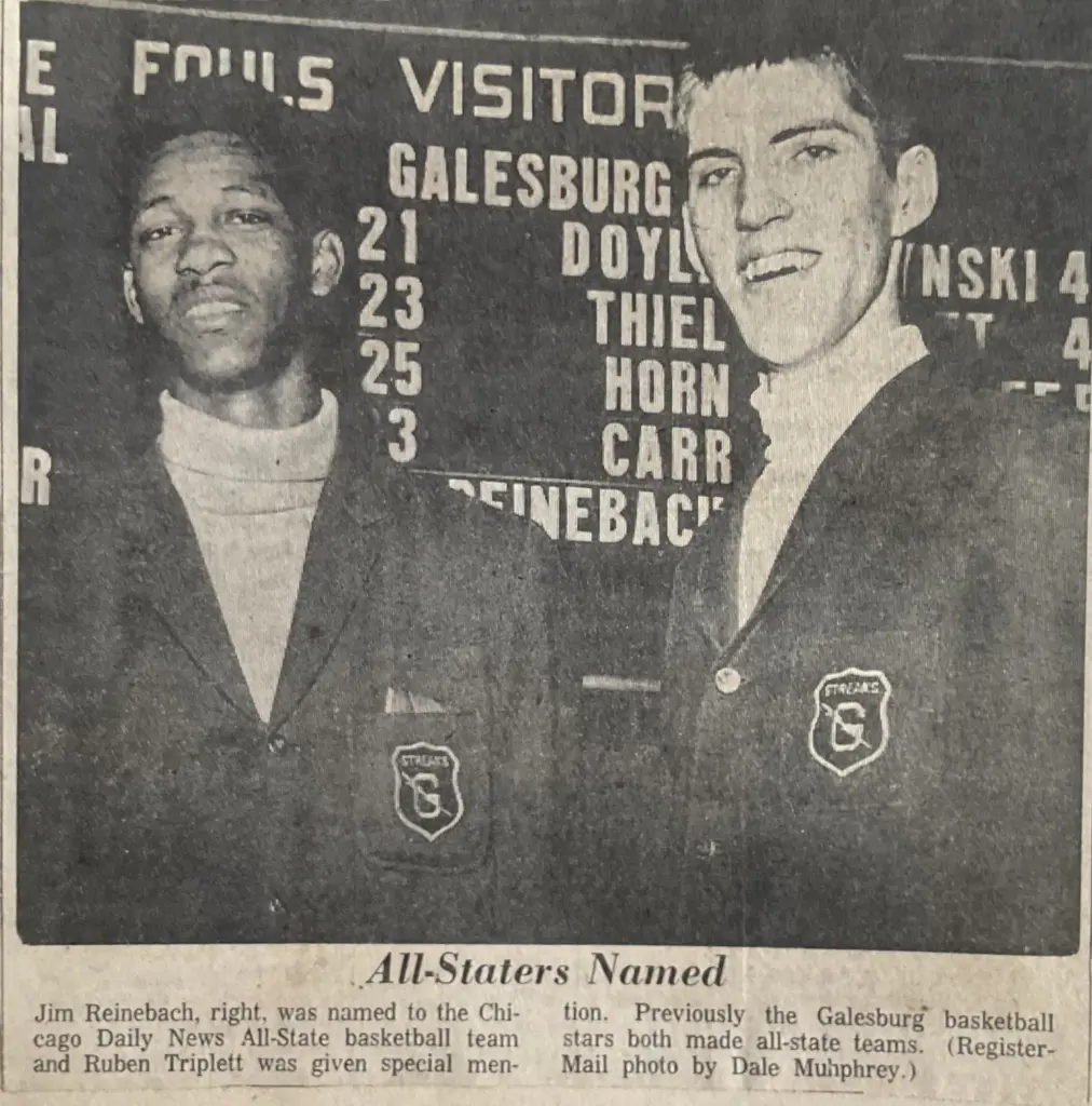 1969 newspaper clipping showing Jim Reinebach and Ruben Triplett recognized as basketball All-Staters.