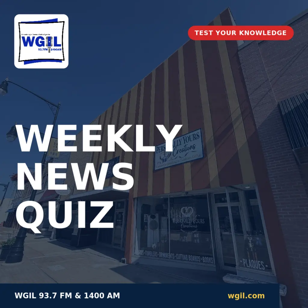 WGIL Weekly News Quiz graphic featuring downtown Galesburg