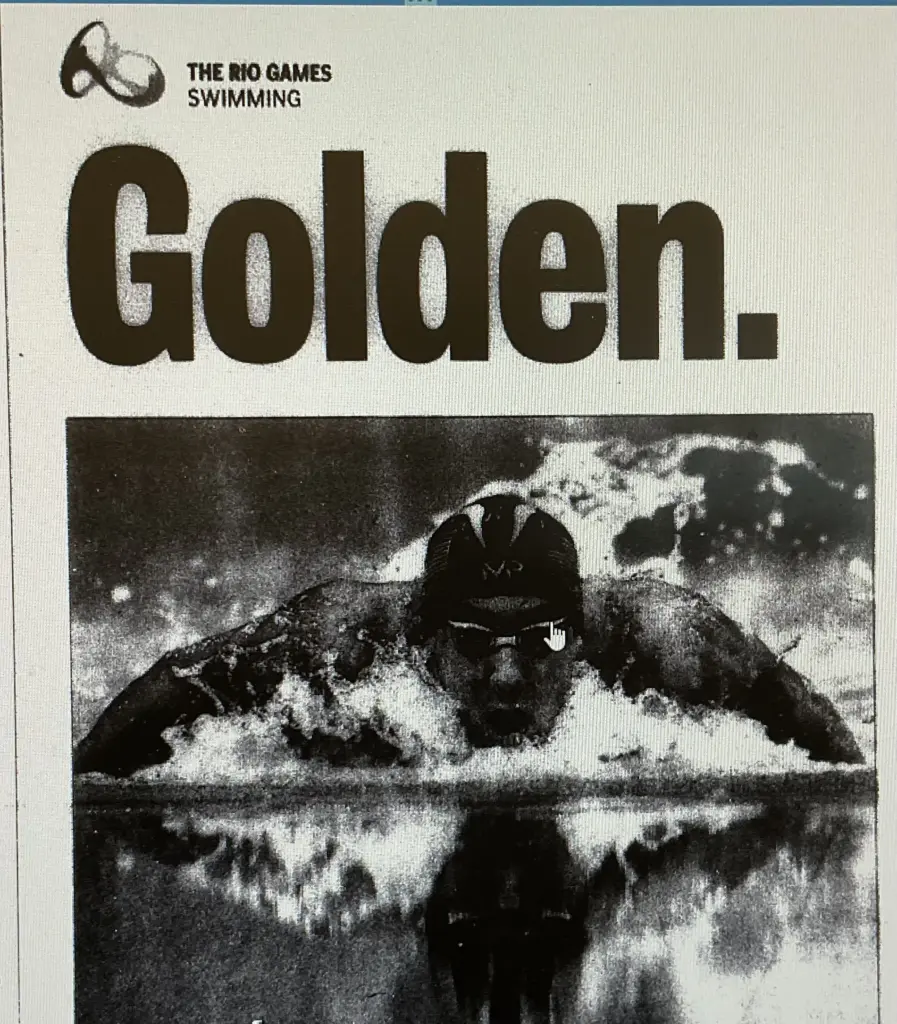 2016 newspaper headline reading "Golden" over a photo of Michael Phelps swimming