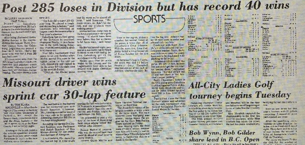 1976 newspaper article headlined "Post 285 loses in Division but has record 40 wins"
