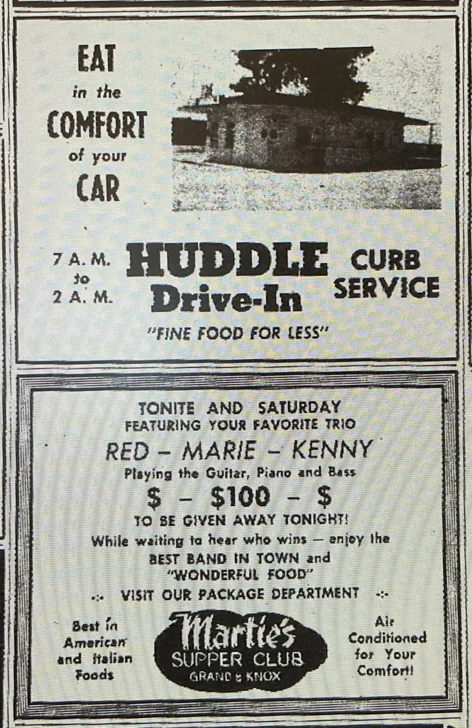1951 newspaper advertisement for the Huddle Drive-In and Martie's Supper Club in Galesburg