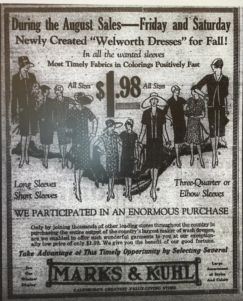 1926 newspaper advertisement for Marks & Kuhl dresses, priced at $1.98