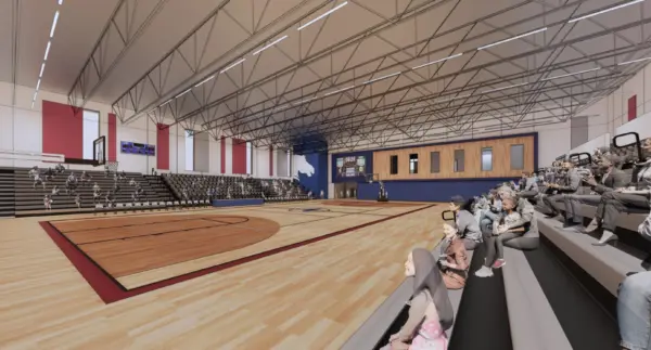 Architectural rendering of a basketball gymnasium with bleachers and a video board at the Charger Center