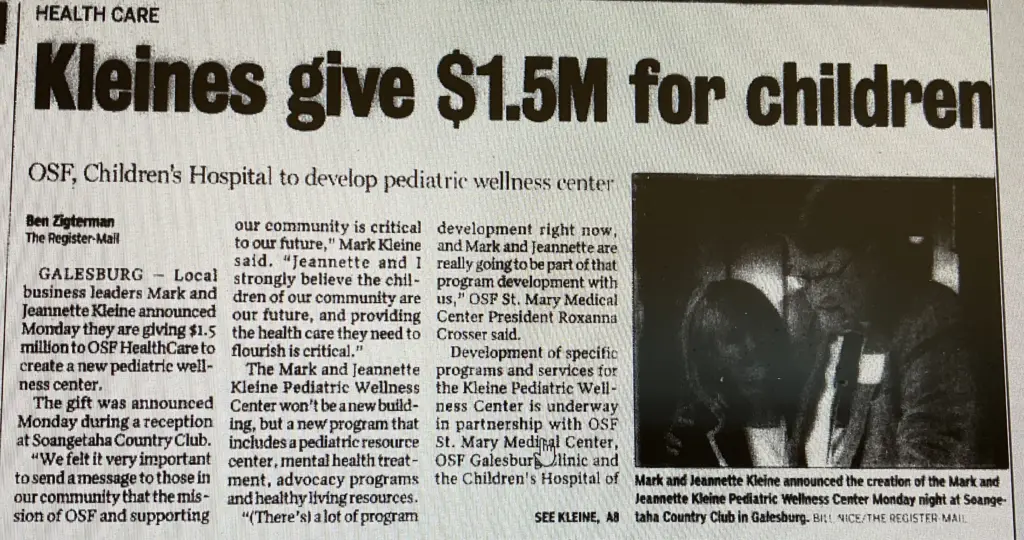 2016 newspaper article headlined "Kleines give $1.5M for children"