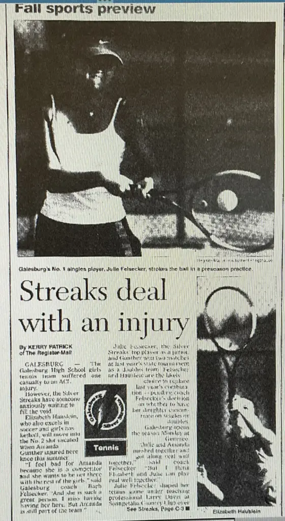 2001 newspaper article headlined "Streaks deal with an injury," featuring a photo of a tennis player