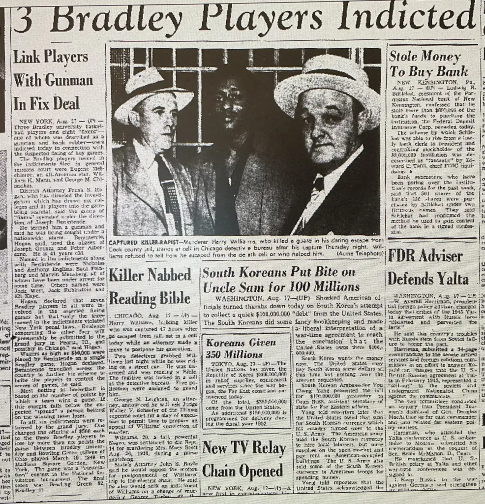 1951 newspaper article headlined "3 Bradley players indicted"