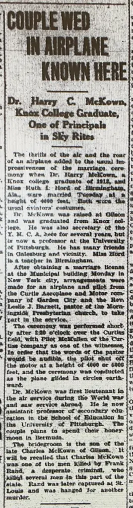 1926 newspaper article headlined "Couple wed in airplane known here"