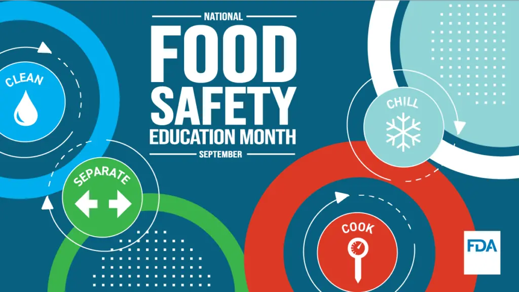 FDA graphic for National Food Safety Education Month, showing the Clean, Separate, Cook and Chill icons