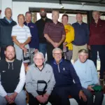 barry-swanson-book-signing-3: Coaches and players from multiple generations of Galesburg basketball gather at Barry Swanson's book signing Wednesday. Back row from left: Terry Denoma, Mike Jaskoski, Thom Sigel, Elmer Dickerson, Pete Nyman, Steve Cheesman, Evan Massey and Frank Dexter. Front row: Kevin Walden, Harley Knosher, Barry Swanson and Steve Marshall. (Photo courtesy Tom Foley)