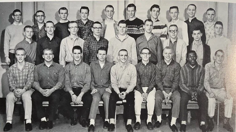 Alt text: Yearbook group photo of about 28 Galesburg High School Boys Forum members in three rows, wearing button-down shirts and sweaters