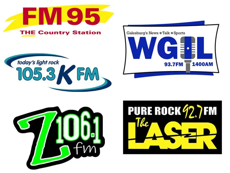 Logos of five Galesburg radio stations: FM 95 The Country Station, WGIL 93.7 FM and 1400 AM, today’s light rock 105.3 KFM, Z106.1 FM and Pure Rock 92.7 FM The Laser.