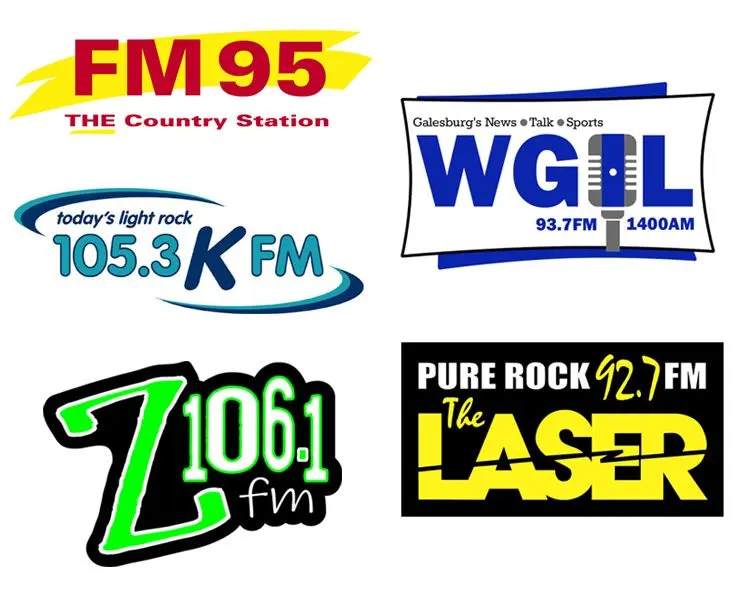 Logos of five Galesburg radio stations: FM 95 The Country Station, WGIL 93.7 FM and 1400 AM, today’s light rock 105.3 KFM, Z106.1 FM and Pure Rock 92.7 FM The Laser.