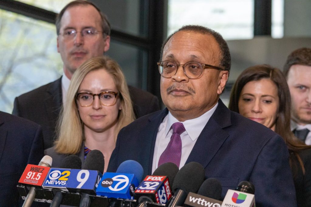 Acting U.S. Attorney for the Northern District of Illinois Morris Pasqual speaks to reporters after a jury found four executives and lobbyists associated with ComEd guilty of participating in a conspiracy to bribe longtime House Speaker Michael Madigan. (Capitol News Illinois photo by Andrew Adams)