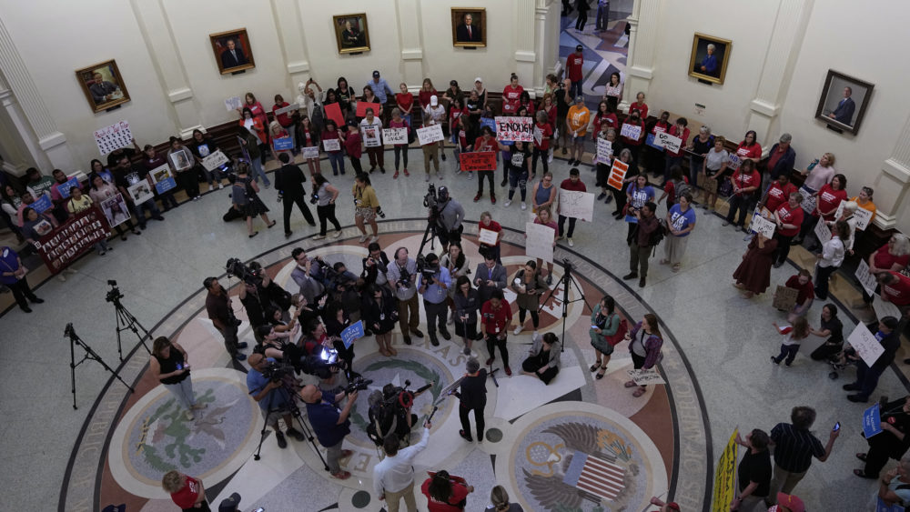 Protesters gather at the Texas State Capitol in Austin, Texas, Monday, May 8, 2023, to call for tighter regulations on gun sales. A gunman killed several people at a Dallas-area mall Saturday. (AP Photo/Eric Gay)