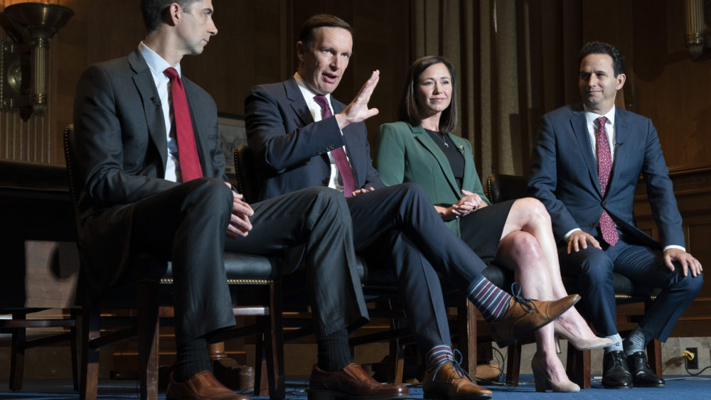 Congress, technology, FILE - From left, Sen. Tom Cotton, R-Ark., Sen. Christopher Murphy, D-Conn., Sen. Katie Britt, R-Ala., and Sen. Brian Schatz, D-Hawaii, who have introduced legislation to protect kids on social media, are interviewed by the Associated Press, Wednesday, May 3, 2023, on Capitol Hill in Washington. (AP Photo/Jacquelyn Martin, File)