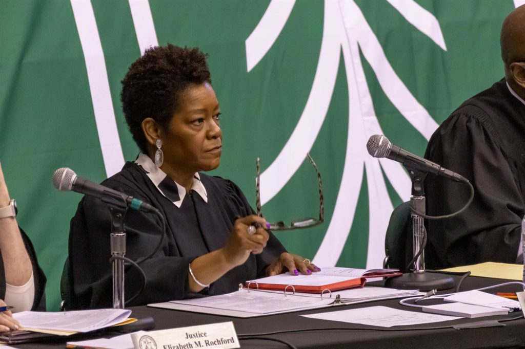 Illinois Supreme Court Justice Lisa Holder White asks questions at the court's remote oral arguments held on the campus of Chicago State University on May 11. (Capitol News Illinois photo by Andrew Adams)