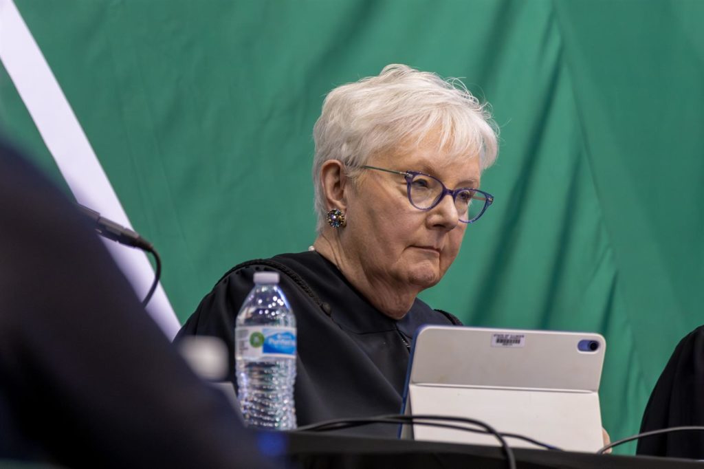 Illinois Supreme Court Chief Justice Mary Jane Theis is pictured during the court's remote oral arguments held on the campus of Chicago State University on May 11. (Capitol News Illinois photo by Andrew Adams)